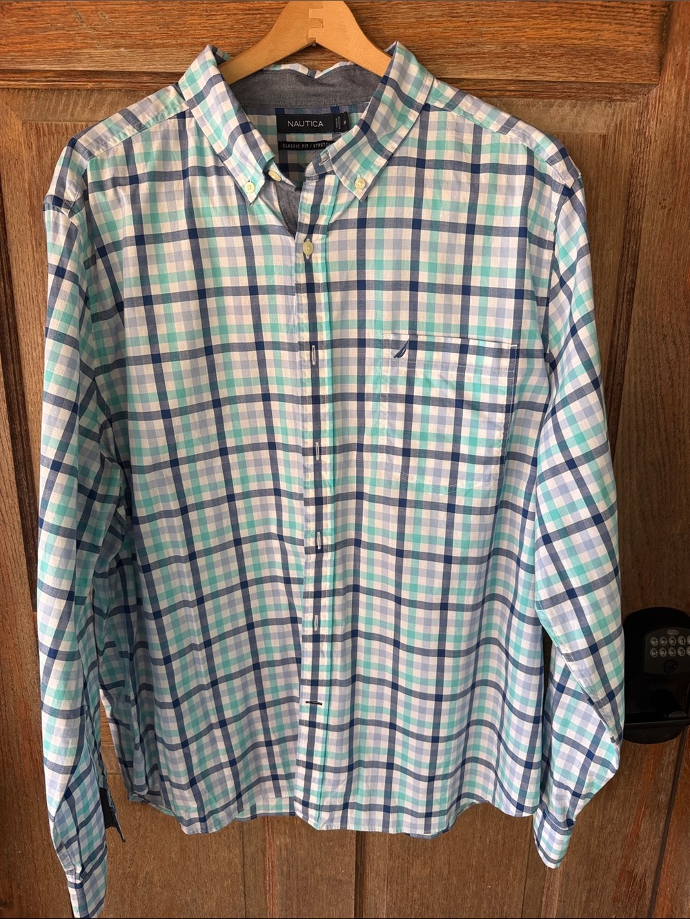 Nautica Men's Light Blue, Navy & Mint Plaid Button-Down Shirt